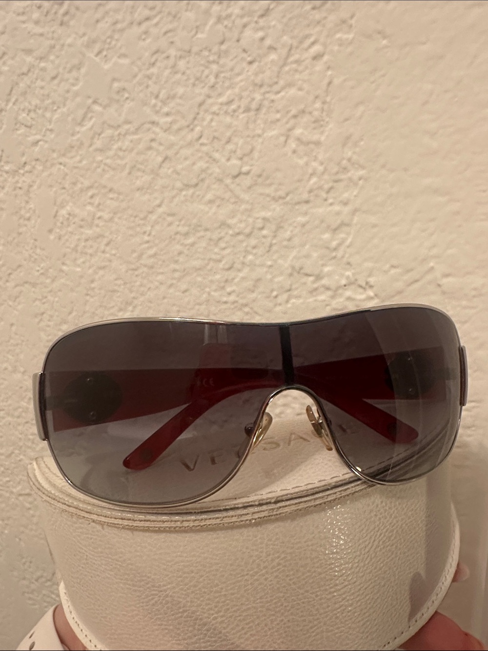 Versace Women's Oversized Brown Gradient Shield Sunglasses with Red Temples